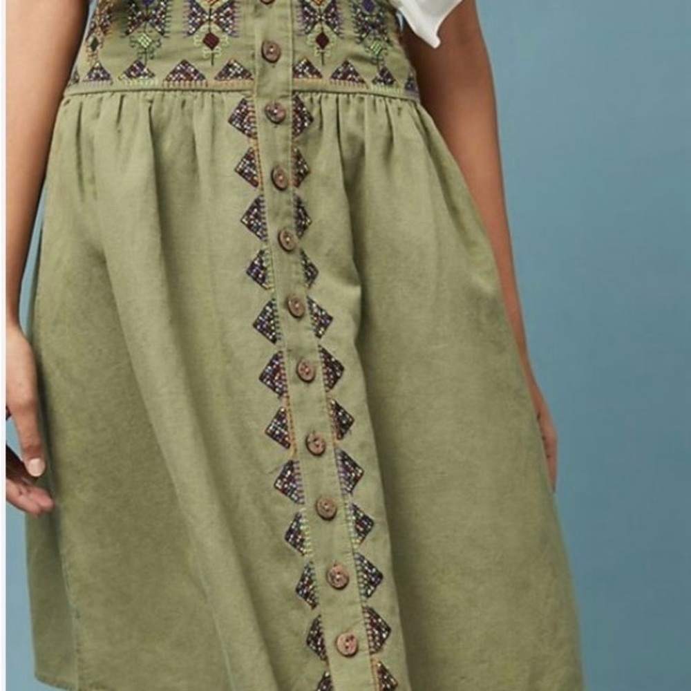 Maeve by Anthropologie Olive Green Embroidered Button-Front Skirt Size 6 - Picture 6 of 7